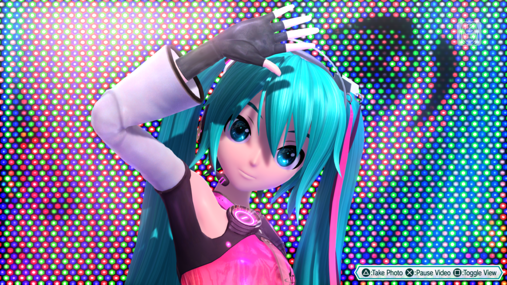 Hatsune Miku waving to the camera in a video game.